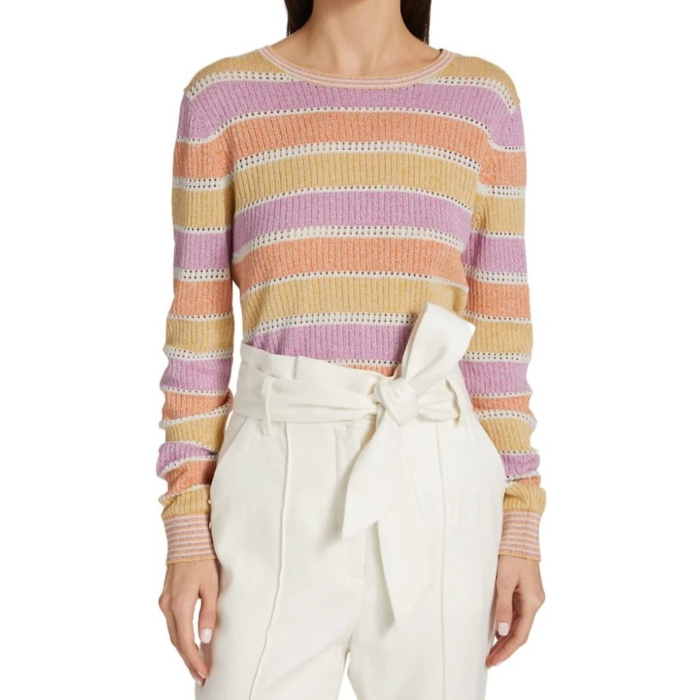 Veronica Beard Raimi Striped Knit Sweater‎ Size Large Yellow Orange Linen